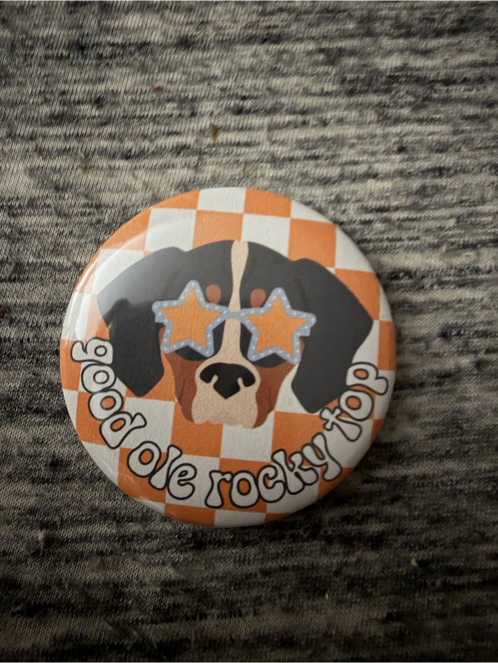 Good Ole Rocky Top Orange Check Dog Button Pin
